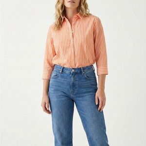 🍊 Lauren Ralph Lauren Orange Striped Button Down Shirt Small Cotton